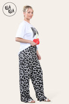 Plisse Wide Leg Trousers with Drawstring in White Leopard Print