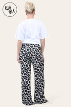 Plisse Wide Leg Trousers with Drawstring in White Leopard Print
