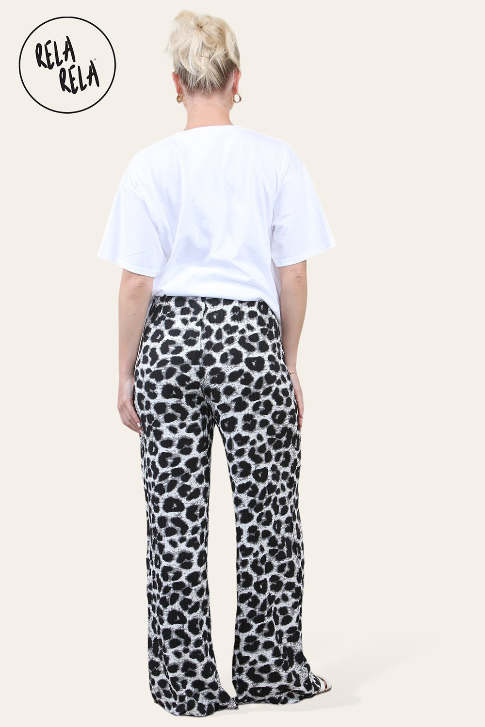 Plisse Wide Leg Trousers with Drawstring in White Leopard Print