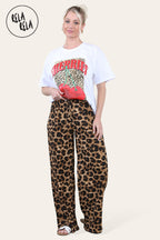 Plisse Wide Leg Trousers with Drawstring in Brown Leopard