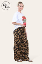 Plisse Wide Leg Trousers with Drawstring in Brown Leopard