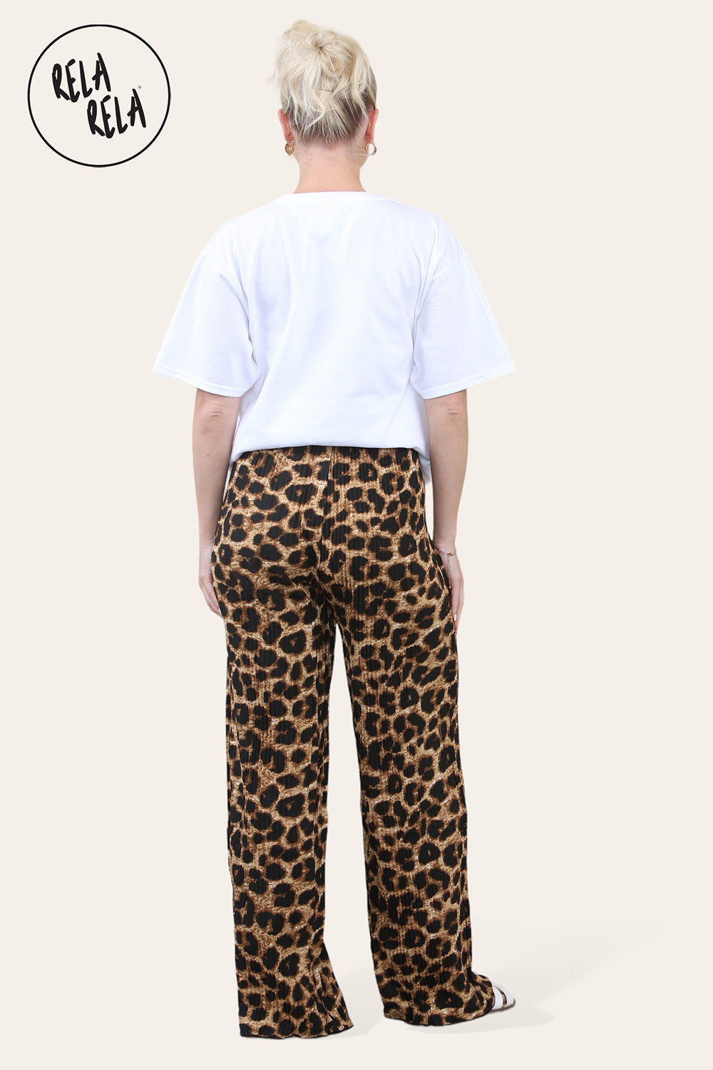 Plisse Wide Leg Trousers with Drawstring in Brown Leopard