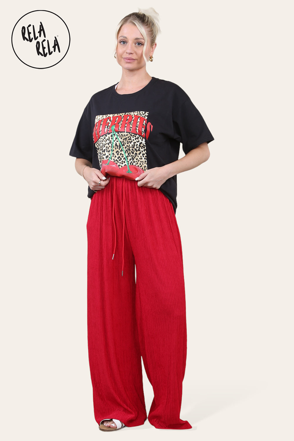 Wide Leg Elasticated Trousers with Soft Texture in Red