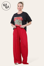 Wide Leg Elasticated Trousers with Soft Texture in Red