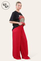 Wide Leg Elasticated Trousers with Soft Texture in Red