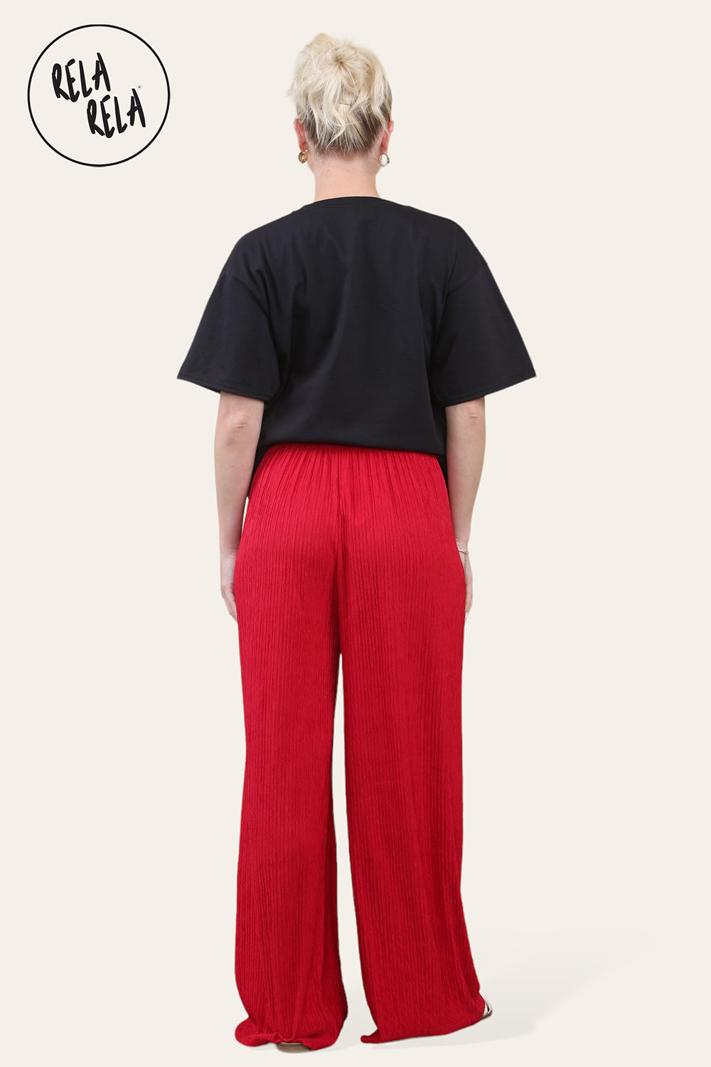 Wide Leg Elasticated Trousers with Soft Texture in Red