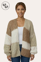 Colour Contrast Oversized Balloon Sleeve Cardigan in Beige