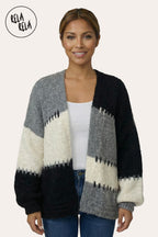 Colour Contrast Oversized Balloon Sleeve Cardigan in Black