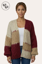 Colour Contrast Oversized Balloon Sleeve Cardigan in Burgundy