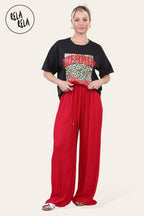 Wide Leg Elasticated Trousers with Soft Texture in Red