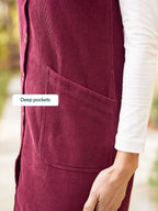 Sandie - Cord Pinafore Dress - Burgundy