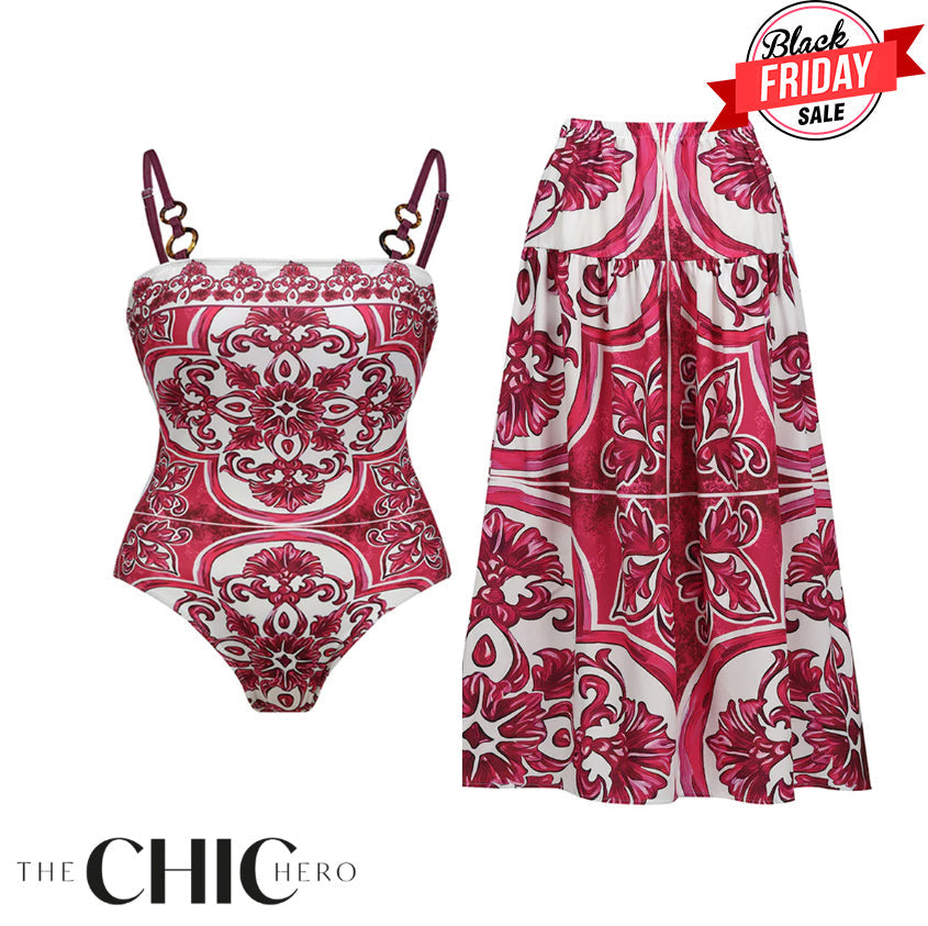 Vintage Floral Rose Ouartz One-Piece Swimsuit&Skirt