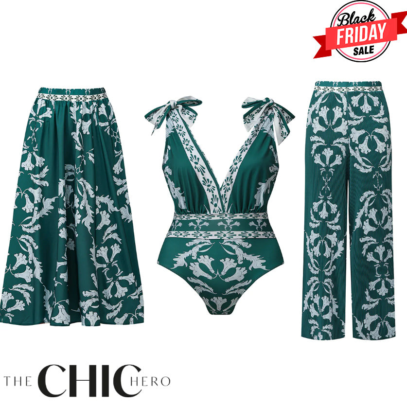 Green Flowy Floral Tie-shoulder Swimsuit&Skirt&Pants