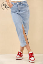 Stretchy Denim Maxi Skirt with Split Front in Light Blue