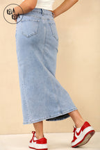 Stretchy Denim Maxi Skirt with Split Front in Light Blue