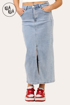 Stretchy Denim Maxi Skirt with Split Front in Light Blue