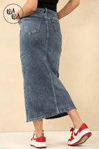 Stretchy Denim Maxi Skirt with Split Front in Denim Blue