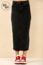 Stretchy Denim Maxi Skirt with Split Front in Black