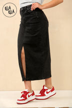 Stretchy Denim Maxi Skirt with Split Front in Black