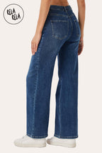 Stretchy V-Waist Wide Leg Jeans with Button Detail in Denim Blue