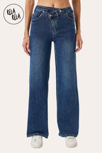 Stretchy V-Waist Wide Leg Jeans with Button Detail in Denim Blue