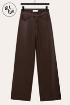 Faux Leather High Waist Dad Fit Wide Leg Trousers in Chocolate
