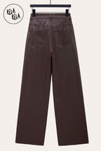 Faux Leather High Waist Dad Fit Wide Leg Trousers in Chocolate