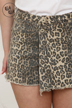 Asymmetric Wrap Stretchy Denim Skorts in Leopard Print