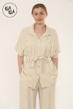 Short Sleeve Belted Utility Shirt & Elastic Waist Pants Set Lounge Co-Ord in Beige