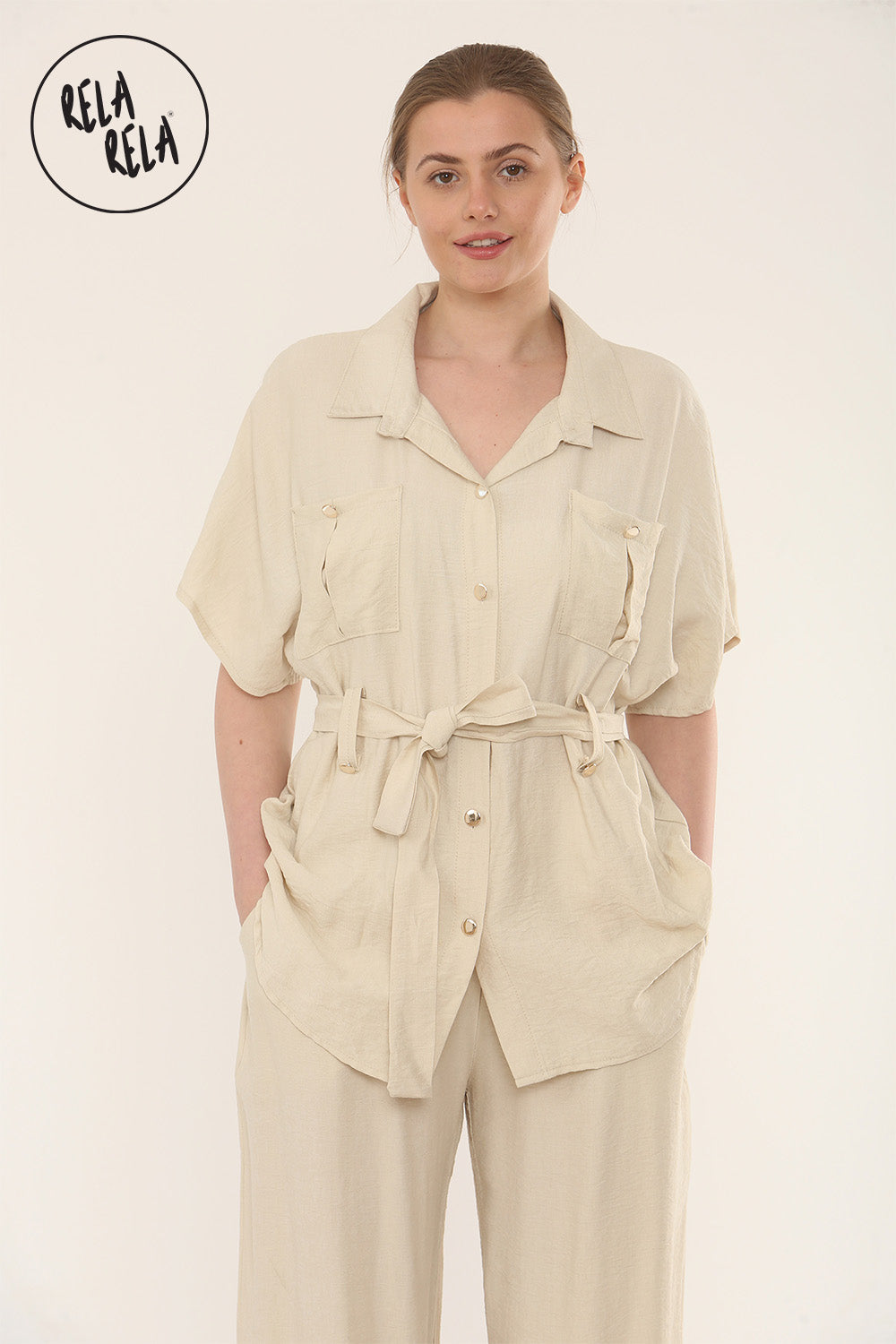 Short Sleeve Belted Utility Shirt & Elastic Waist Pants Set Lounge Co-Ord in Beige