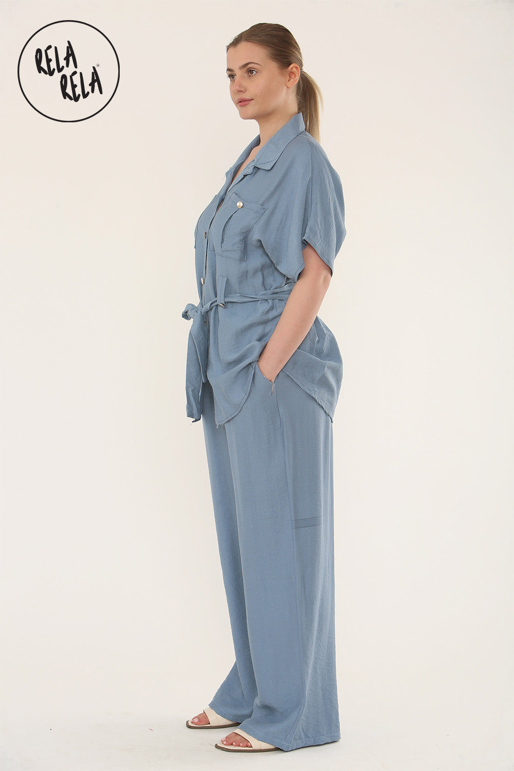 Short Sleeve Belted Utility Shirt & Elastic Waist Pants Set Lounge Co-Ord in Blue