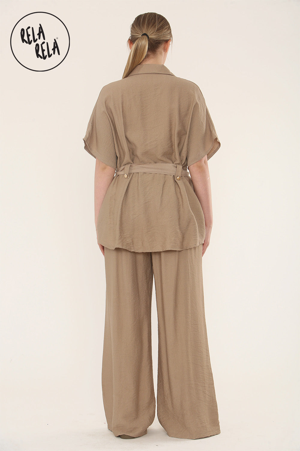Short Sleeve Belted Utility Shirt & Elastic Waist Pants Set Lounge Co-Ord in Mocha