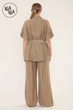 Short Sleeve Belted Utility Shirt & Elastic Waist Pants Set Lounge Co-Ord in Mocha