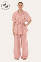 Short Sleeve Belted Utility Shirt & Elastic Waist Pants Set Lounge Co-Ord in Pink
