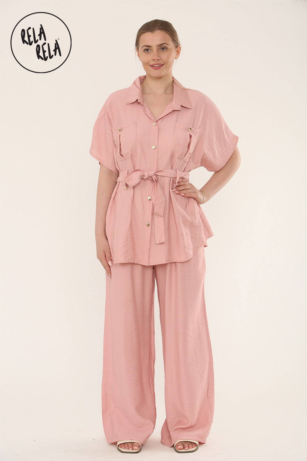 Short Sleeve Belted Utility Shirt & Elastic Waist Pants Set Lounge Co-Ord in Pink