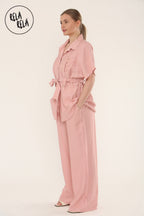 Short Sleeve Belted Utility Shirt & Elastic Waist Pants Set Lounge Co-Ord in Pink