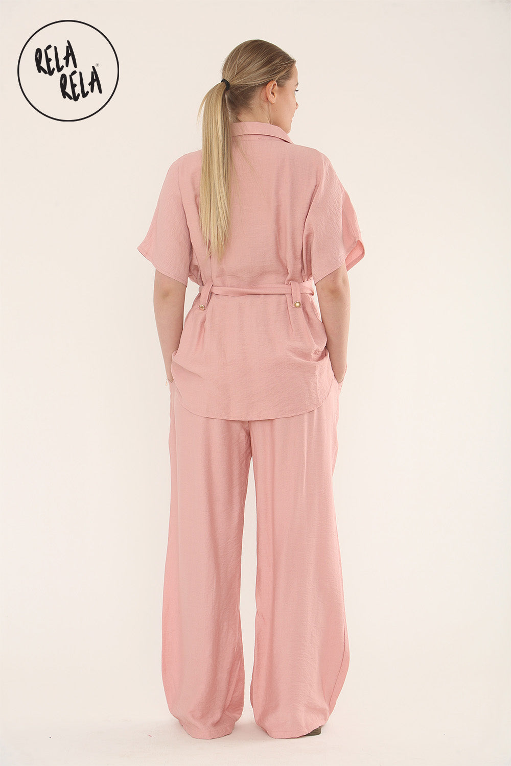 Short Sleeve Belted Utility Shirt & Elastic Waist Pants Set Lounge Co-Ord in Pink