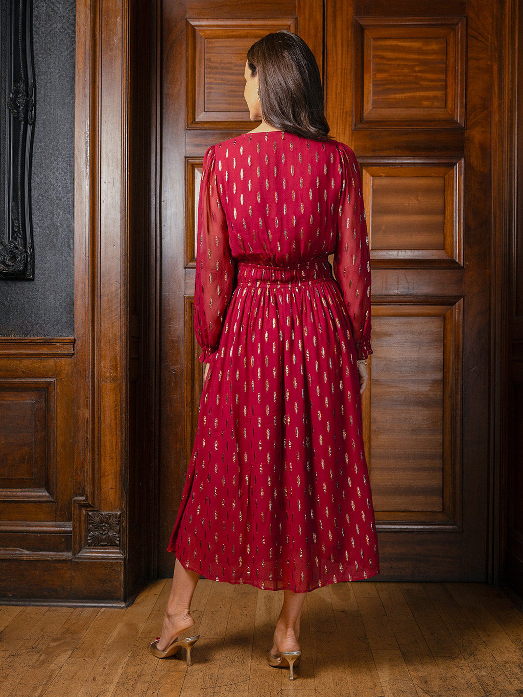 Valerie Lurex Dress - Burgundy and Bronze / Silver