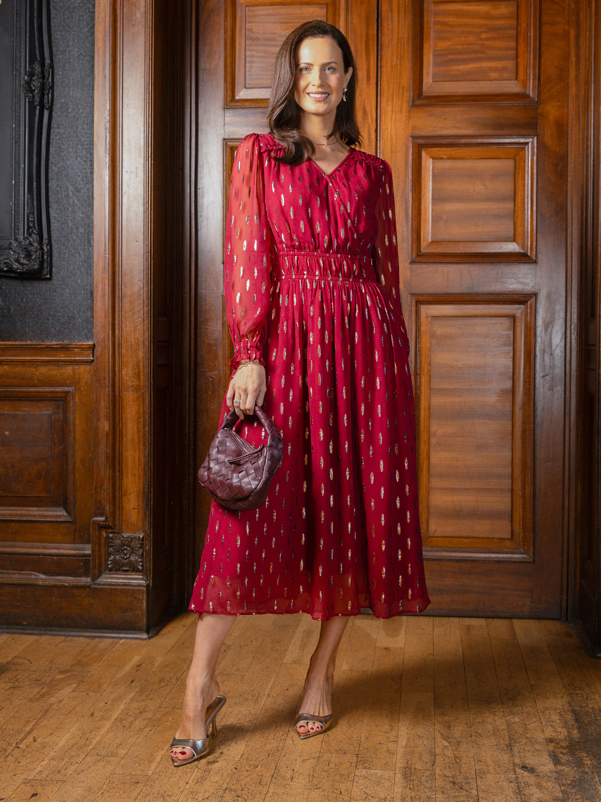 Valerie Lurex Dress - Burgundy and Bronze / Silver