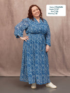 Vic Georgette Tie Waist Dress - Blue & Ecru Leaf Print