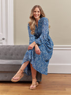 Vic Georgette Tie Waist Dress - Blue & Ecru Leaf Print