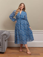 Vic Georgette Tie Waist Dress - Blue & Ecru Leaf Print