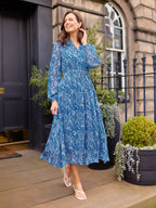 Vic Georgette Tie Waist Dress - Blue & Ecru Leaf Print