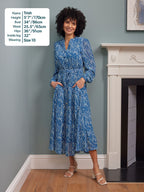 Vic Georgette Tie Waist Dress - Blue & Ecru Leaf Print