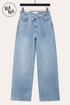 Stretchy Asymmetric Cross Front High Waist Wide Leg Jeans in Blue