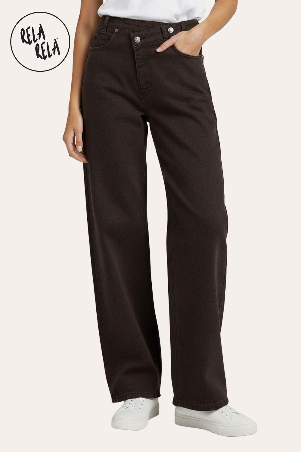 Stretchy Asymmetric Cross Front High Waist Wide Leg Jeans in Chocolate
