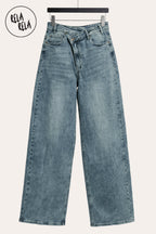 Stretchy Asymmetric Cross Front High Waist Wide Leg Jeans in Vintage Blue