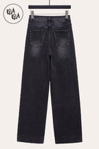 Stretchy Studded Rivet Wide Leg Jeans in Charcoal