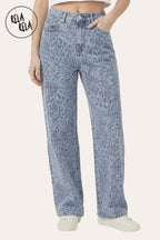 Blue Leopard Print Viral Stretchy Wide Leg Jeans