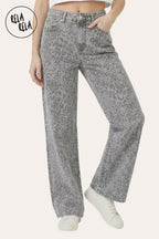 Grey Leopard Print Viral Stretchy Wide Leg Jeans